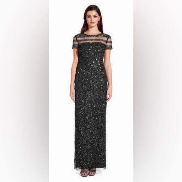 Adriana Papell Navy Blue Bead Sequin Long Formal Short Sleeve Glam Gown Size 8 - Picture 11 of 11